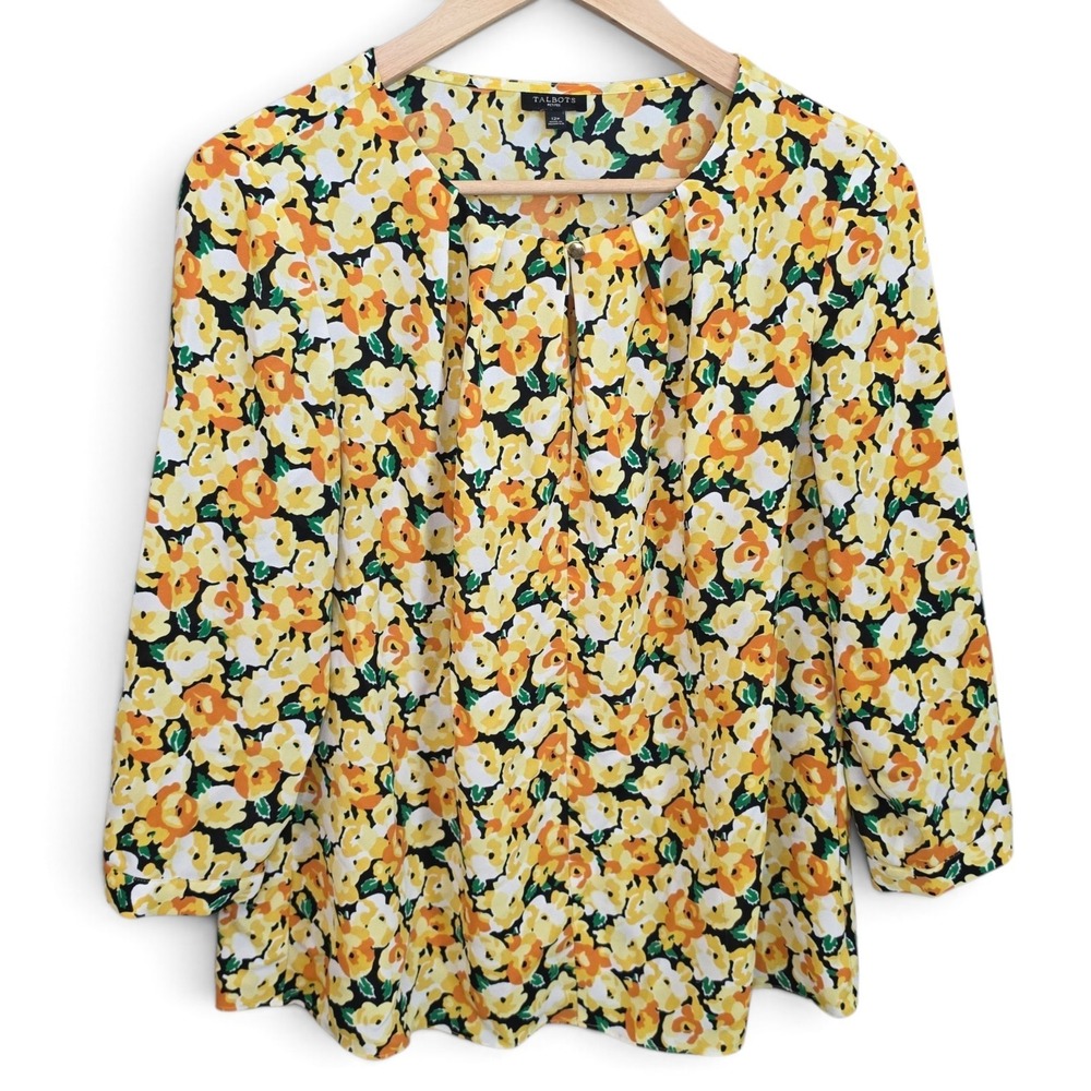 Talbots Petites Blouse Womens 12P Yellow Floral Keyhole Pleated Top 3/4 Sleeve